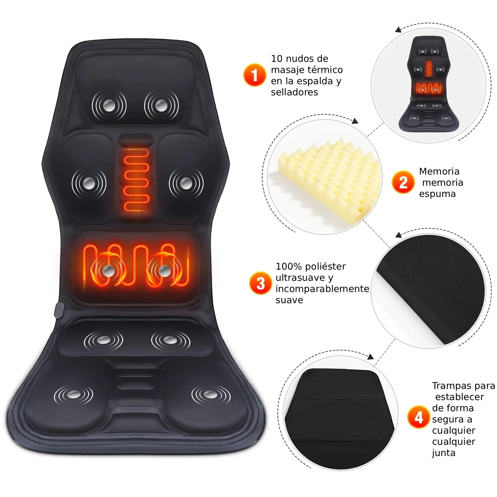 Azura™ | Vibrating electric massage cushion with heat: relieves back, neck and lumbar pain | Home and car use